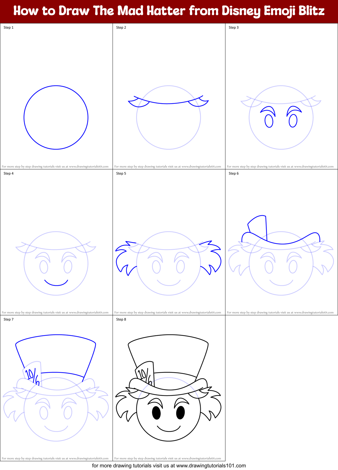 How to Draw The Mad Hatter from Disney Emoji Blitz Printable Step by Step