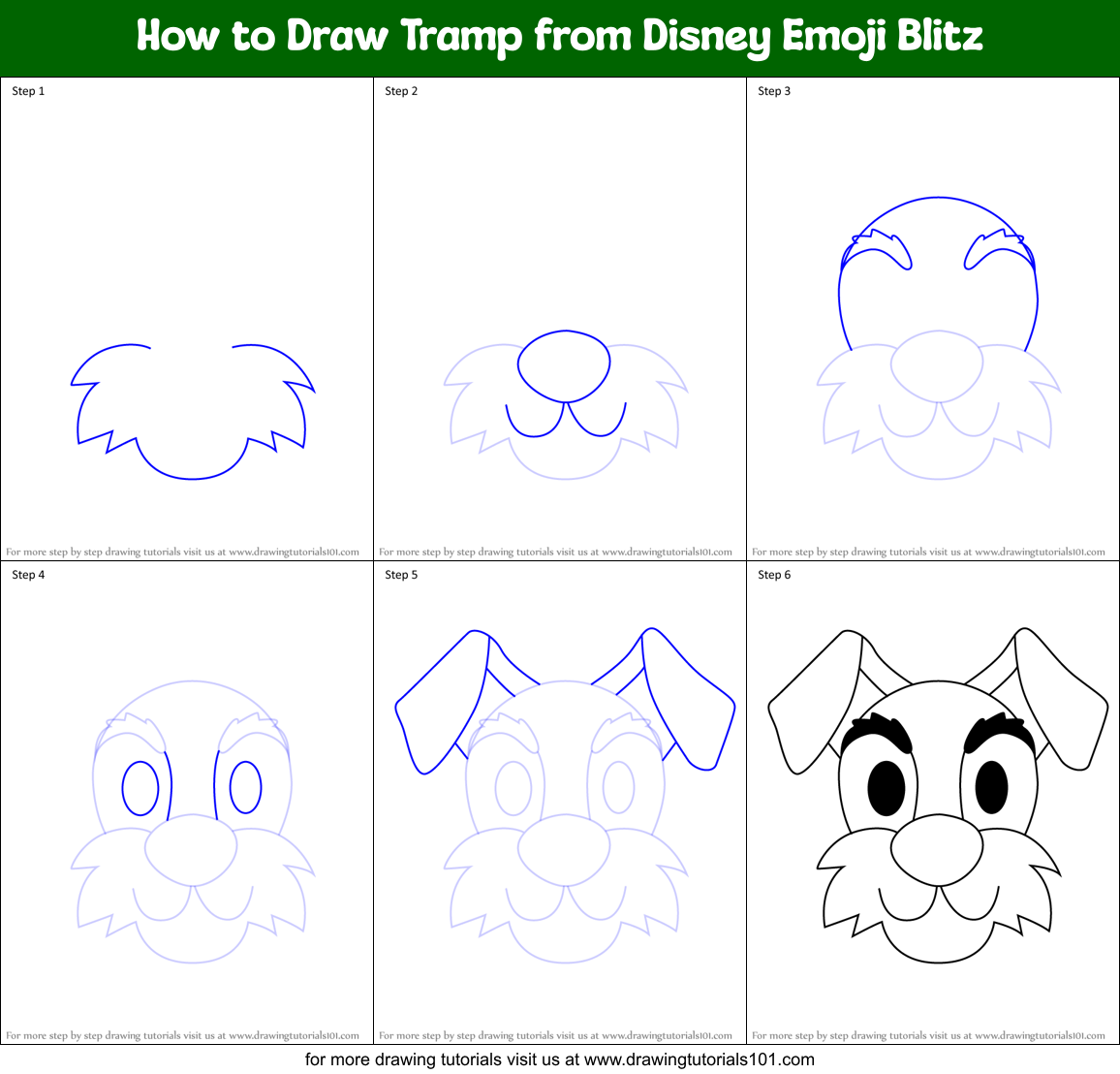 How to Draw Tramp from Disney Emoji Blitz Printable Step by Step