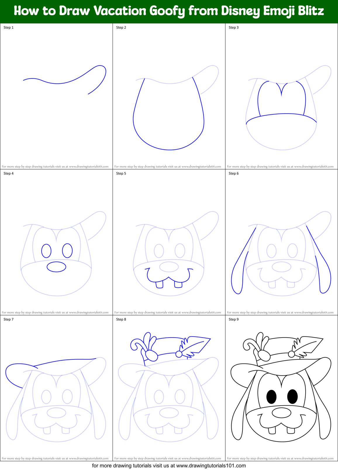 How to Draw Vacation Goofy from Disney Emoji Blitz Printable Step by Step