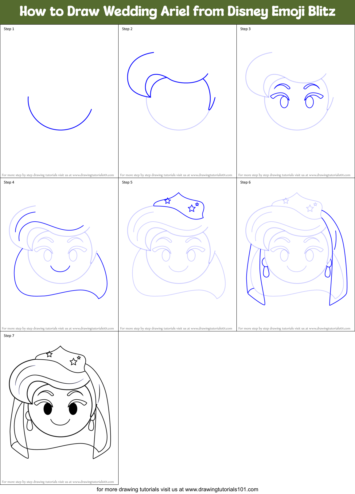 How to Draw Wedding Ariel from Disney Emoji Blitz Printable Step by Step