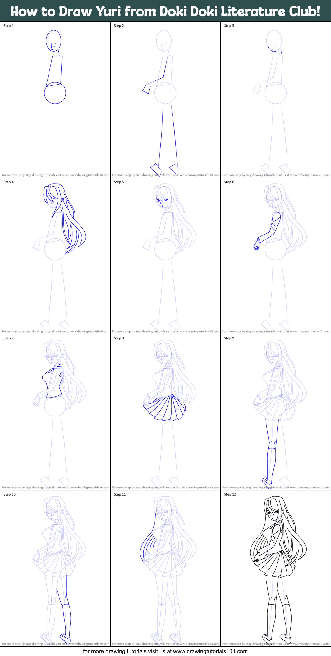 How to Draw Yuri from Doki Doki Literature Club! printable step by step drawing sheet