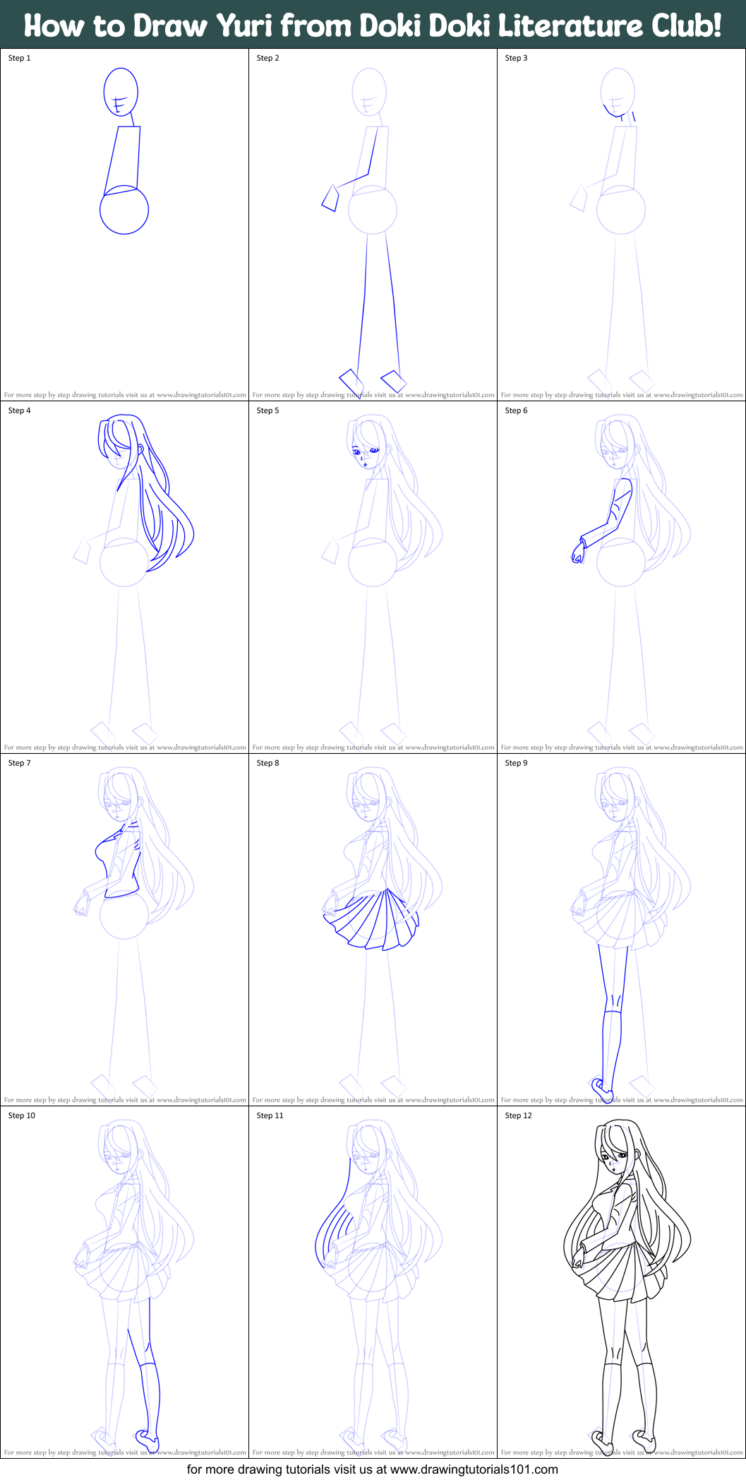 How to Draw Yuri from Doki Doki Literature Club! Printable Step by Step
