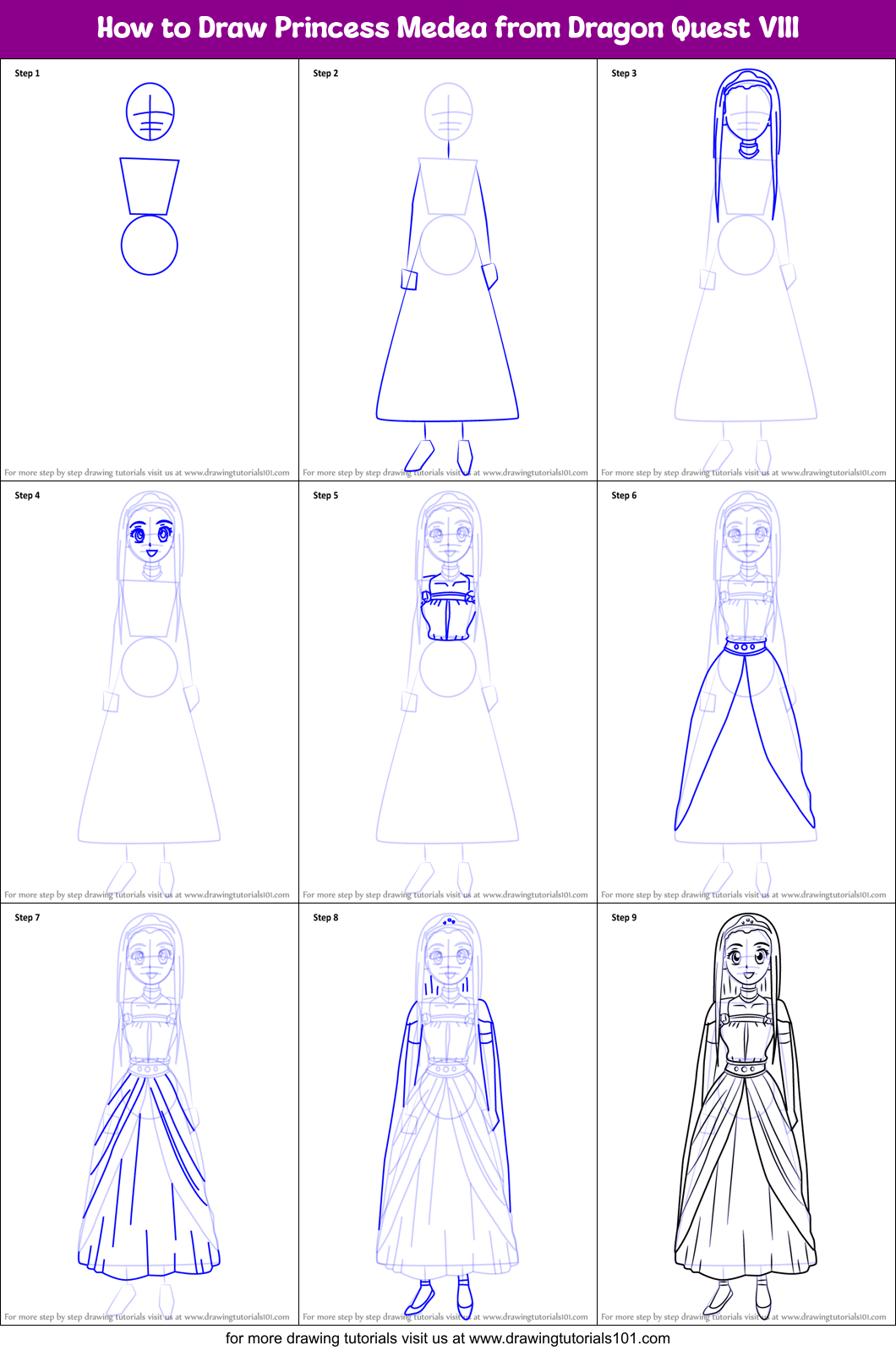 How to Draw Princess Medea from Dragon Quest VIII Printable Step by Step