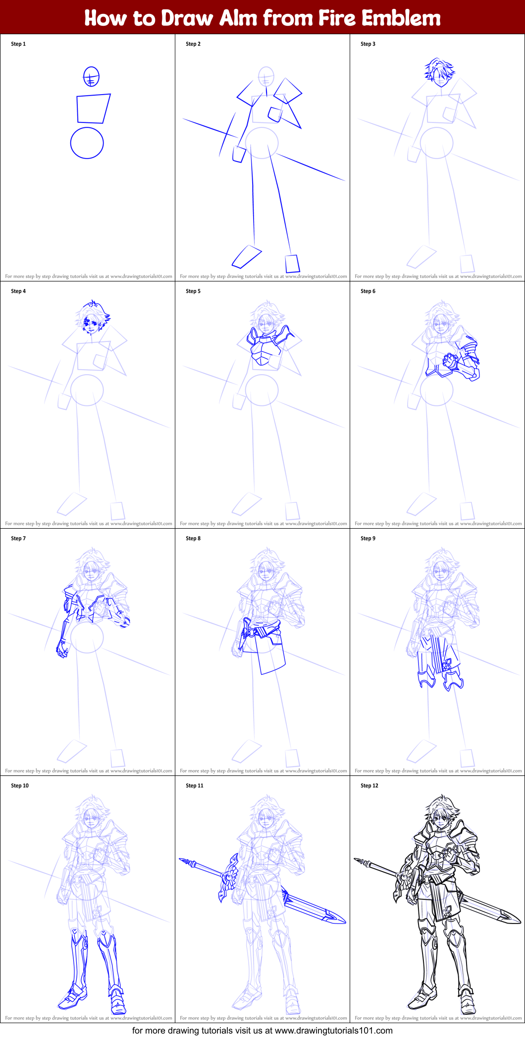 How to Draw Alm from Fire Emblem Printable Step by Step
