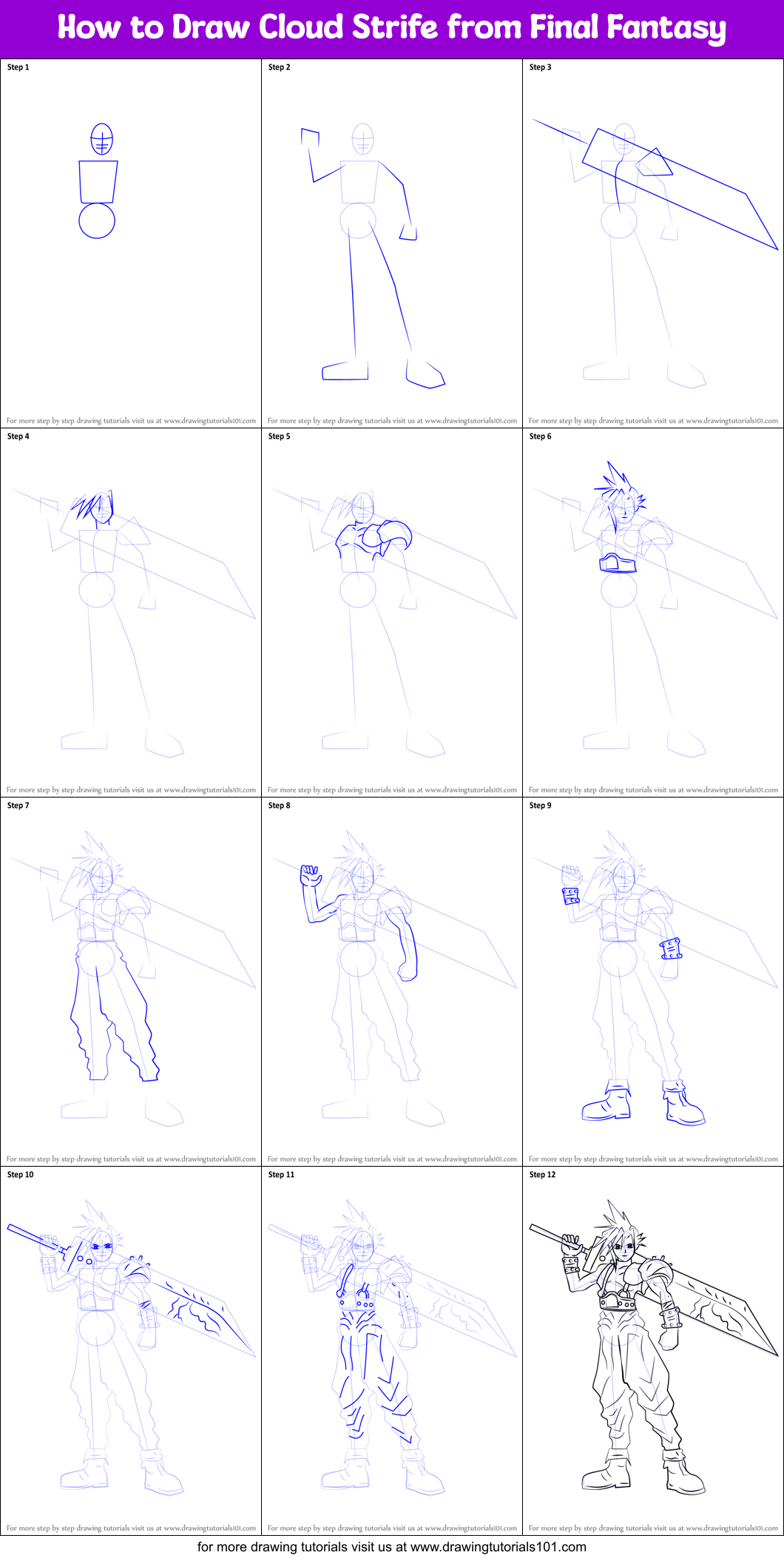 How to Draw Cloud Strife from Final Fantasy Printable Step by Step