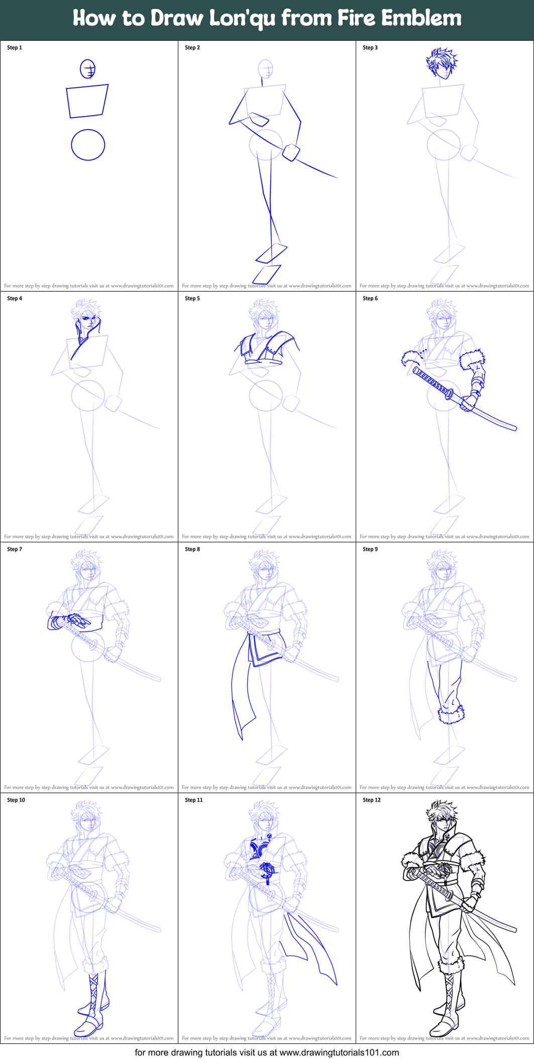 How to Draw Lon'qu from Fire Emblem Printable Step by Step