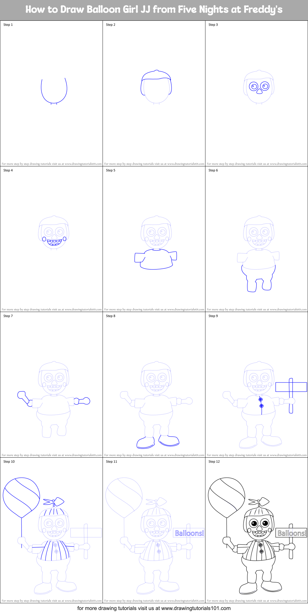 How to Draw Balloon Girl JJ from Five Nights at Freddy's Printable Step by Step