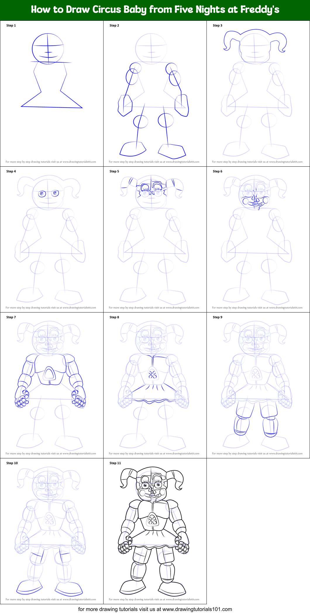 How to Draw Circus Baby from Five Nights at Freddy's Printable Step by Step
