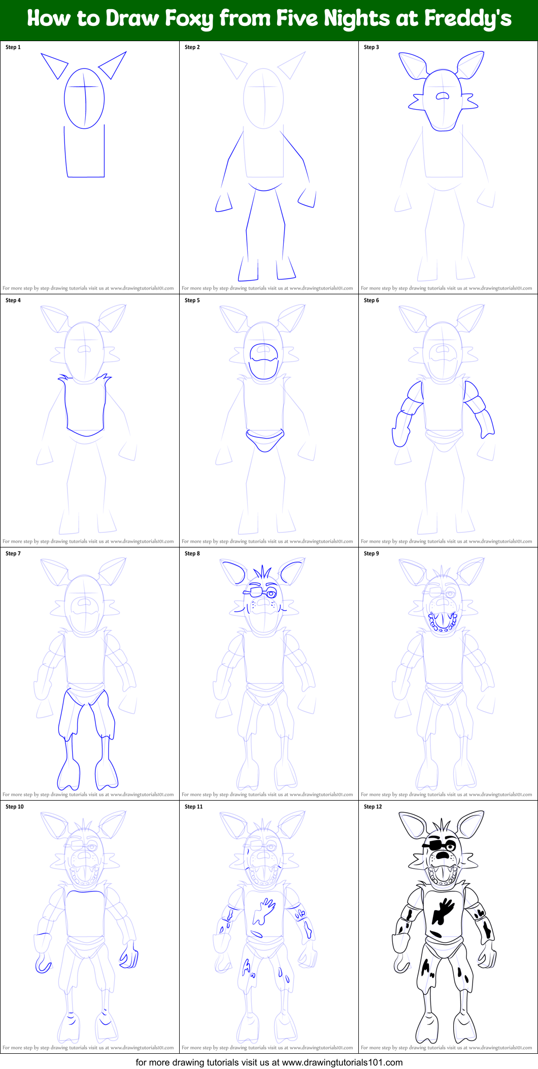 How to Draw Foxy from Five Nights at Freddy's Printable Step by Step