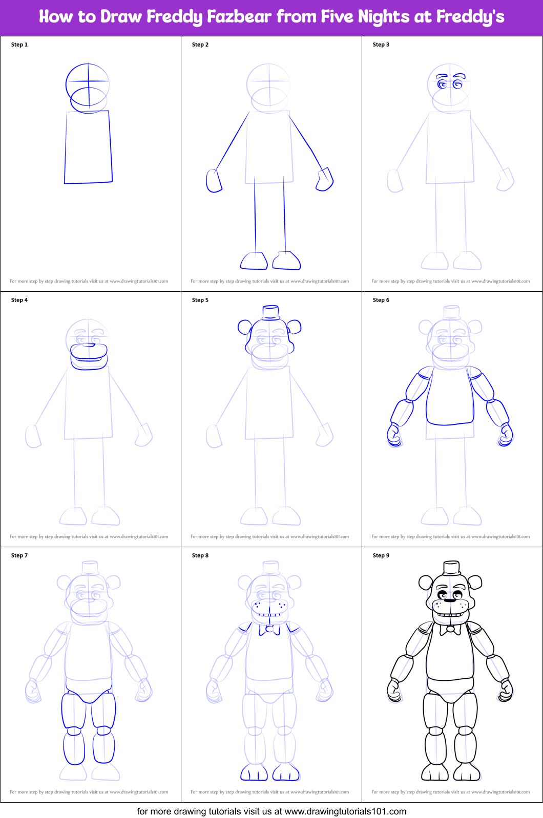 How to Draw Freddy Fazbear from Five Nights at Freddy's Printable Step by Step
