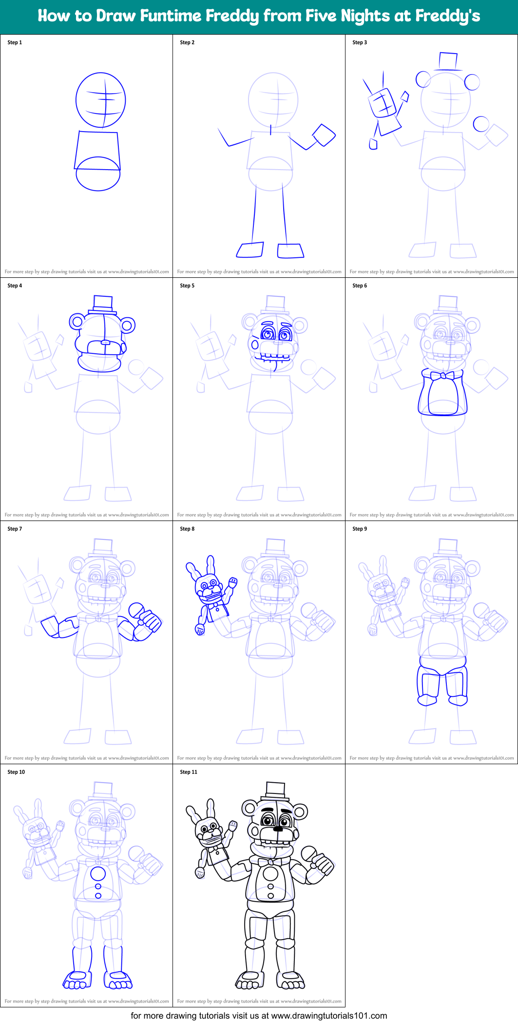 How to Draw Funtime Freddy from Five Nights at Freddy's Printable Step by Step