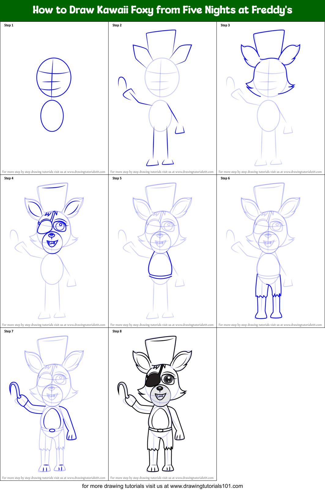 How to Draw Kawaii Foxy from Five Nights at Freddy's Printable Step by Step
