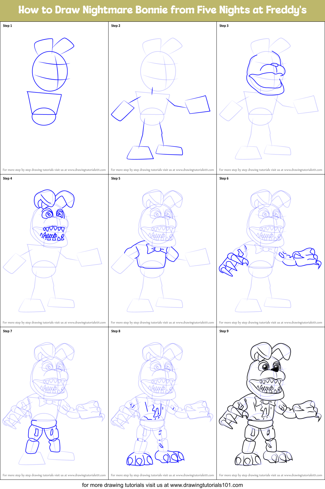 How to Draw Nightmare Bonnie from Five Nights at Freddy's Printable Step by Step