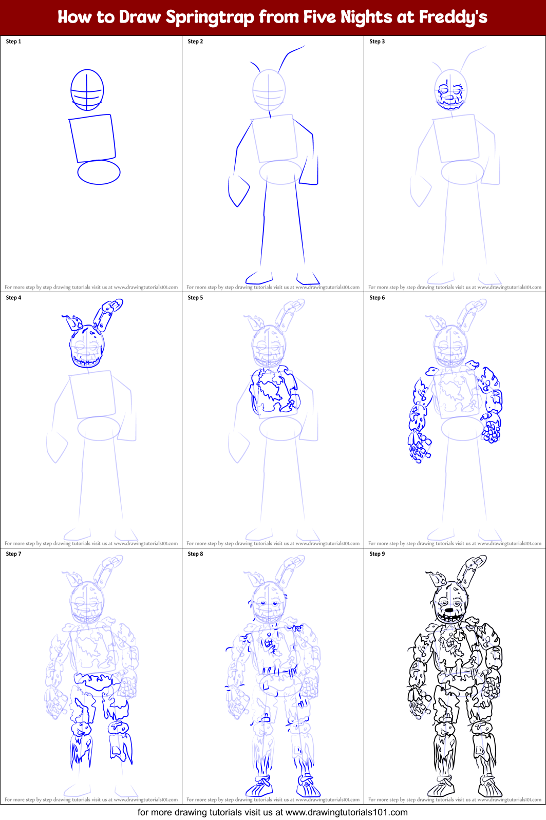 How To Draw Springtrap From Five Nights At Freddys Printable Step By