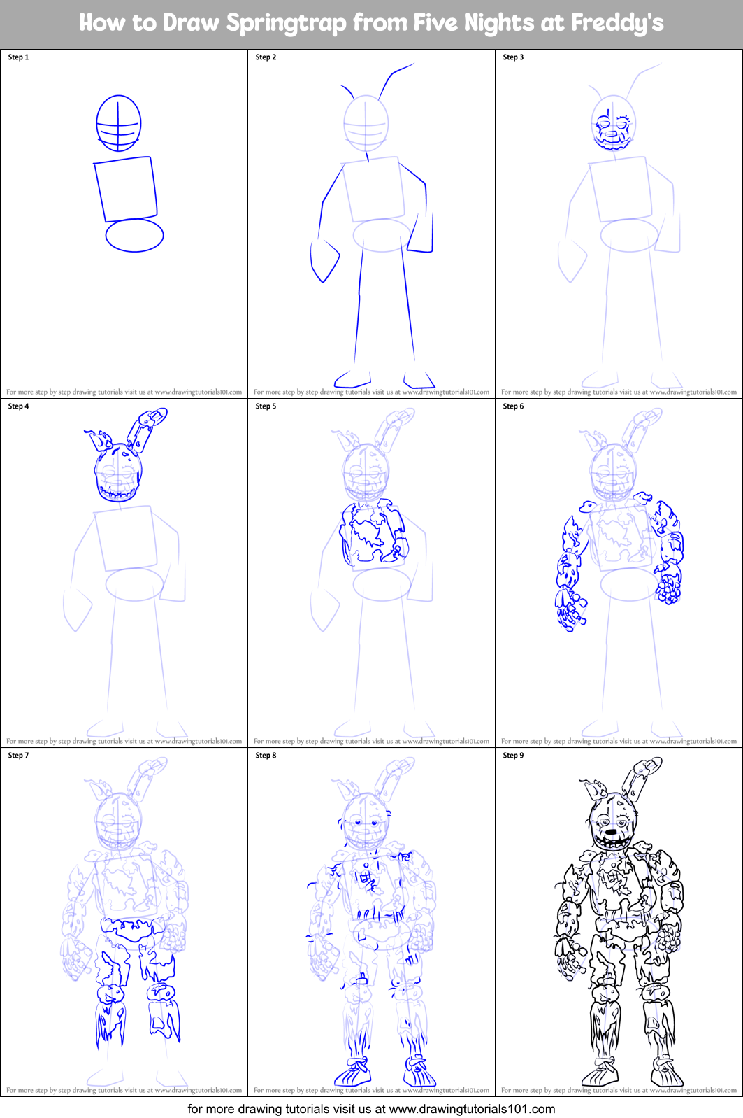 How to Draw Springtrap from Five Nights at Freddy's Printable Step by Step