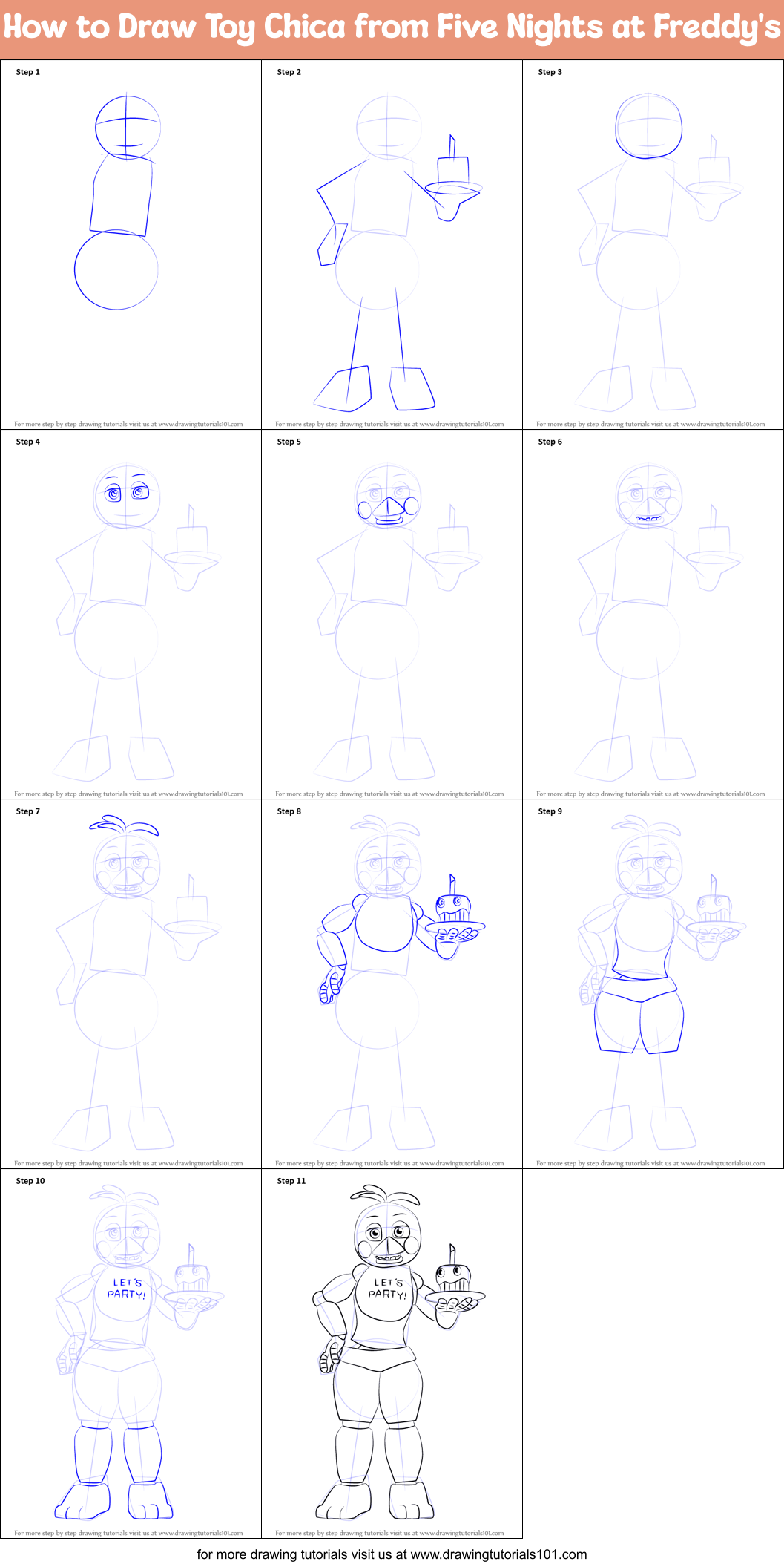 How to Draw Toy Chica from Five Nights at Freddy's Printable Step by Step