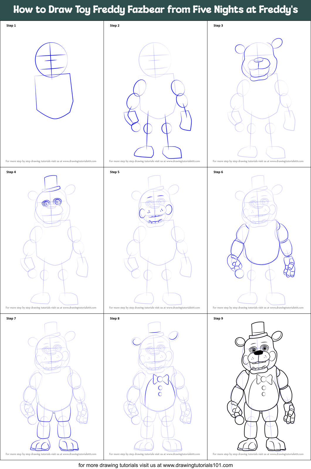 How to Draw Toy Freddy Fazbear from Five Nights at Freddy's Printable Step by Step