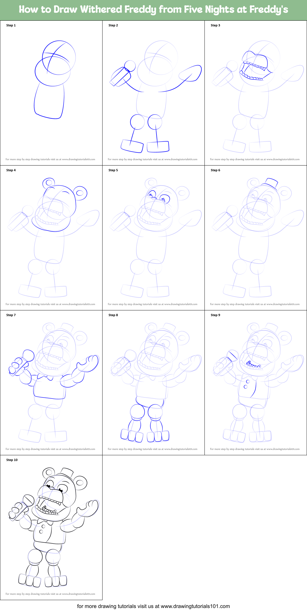 How to Draw Withered Freddy from Five Nights at Freddy's Printable Step by Step