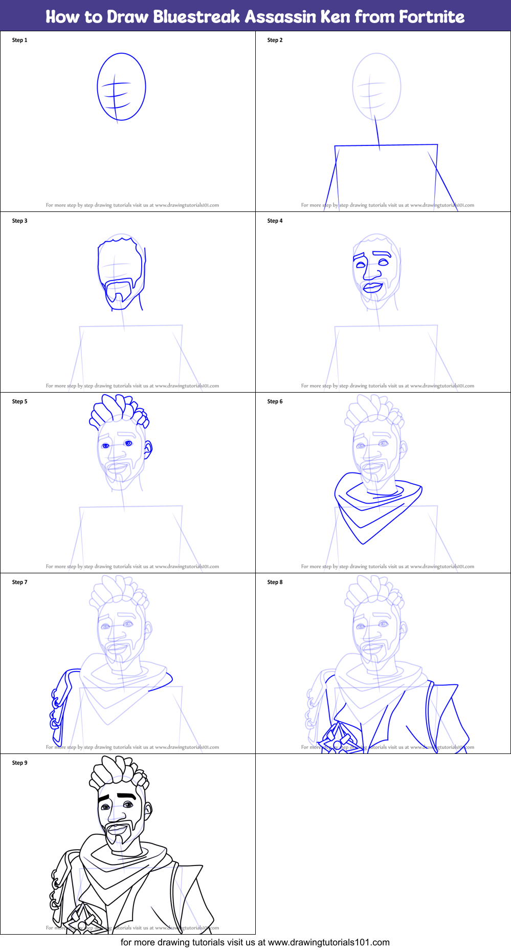 How to Draw Bluestreak Assassin Ken from Fortnite Printable Step by Step