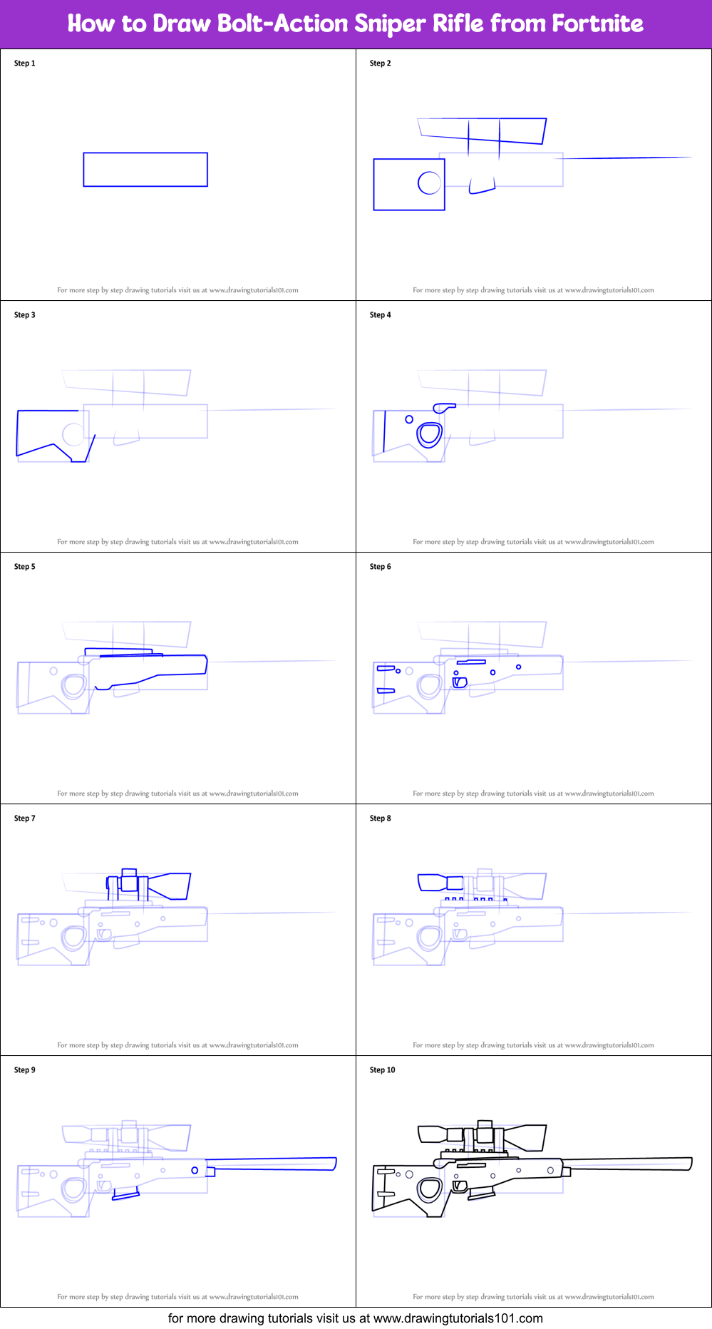 How to Draw Bolt-Action Sniper Rifle from Fortnite Printable Step by Step
