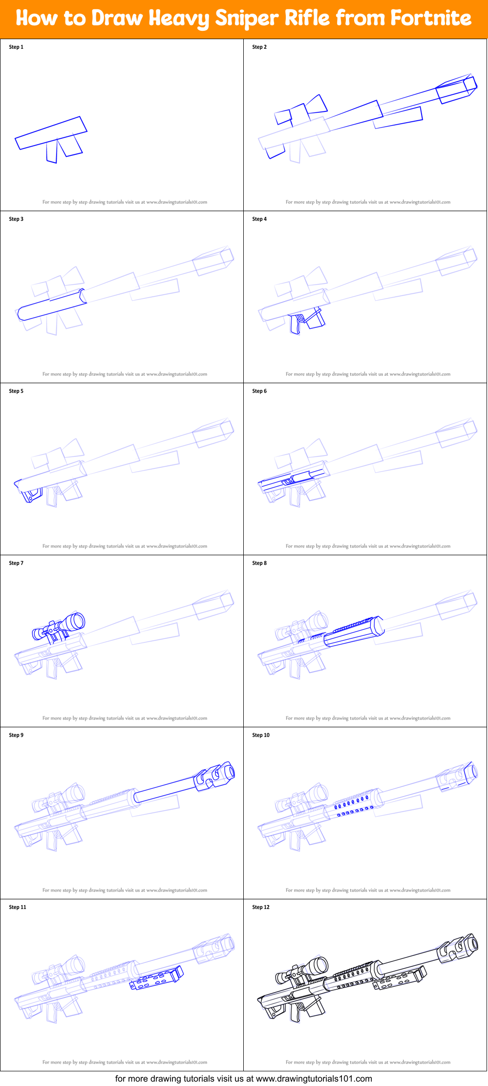 How to Draw Heavy Sniper Rifle from Fortnite Printable Step by Step