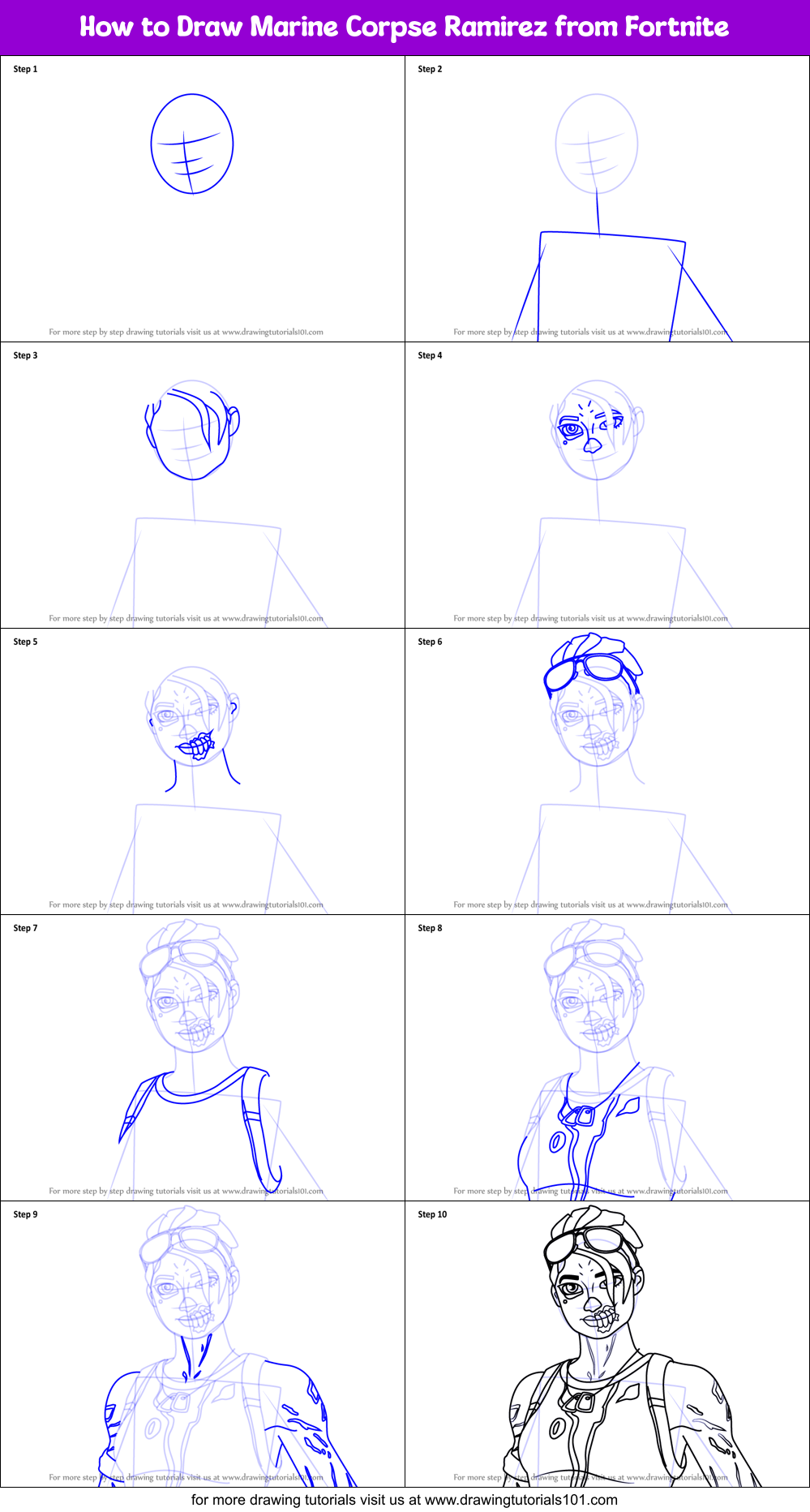 How to Draw Marine Corpse Ramirez from Fortnite Printable Step by Step