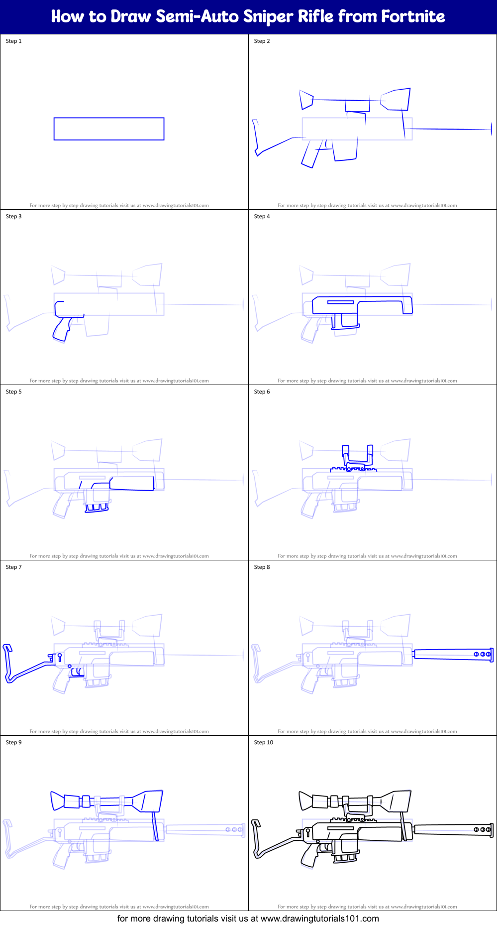 How to Draw Semi-Auto Sniper Rifle from Fortnite Printable Step by Step