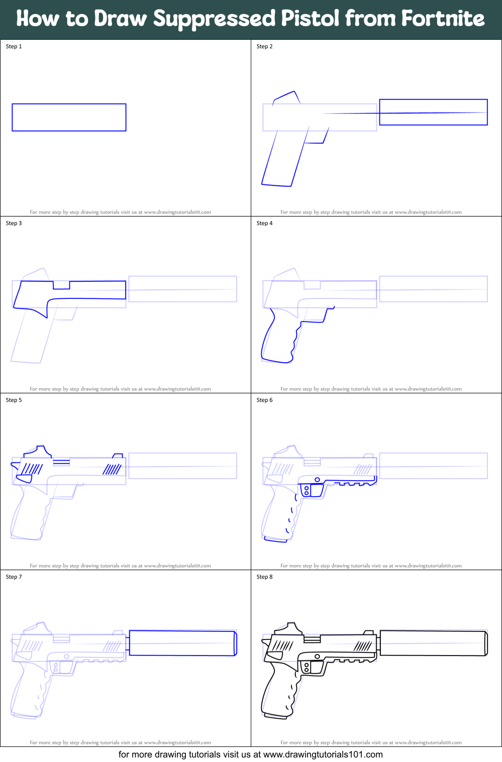 How to Draw Suppressed Pistol from Fortnite Printable Step by Step