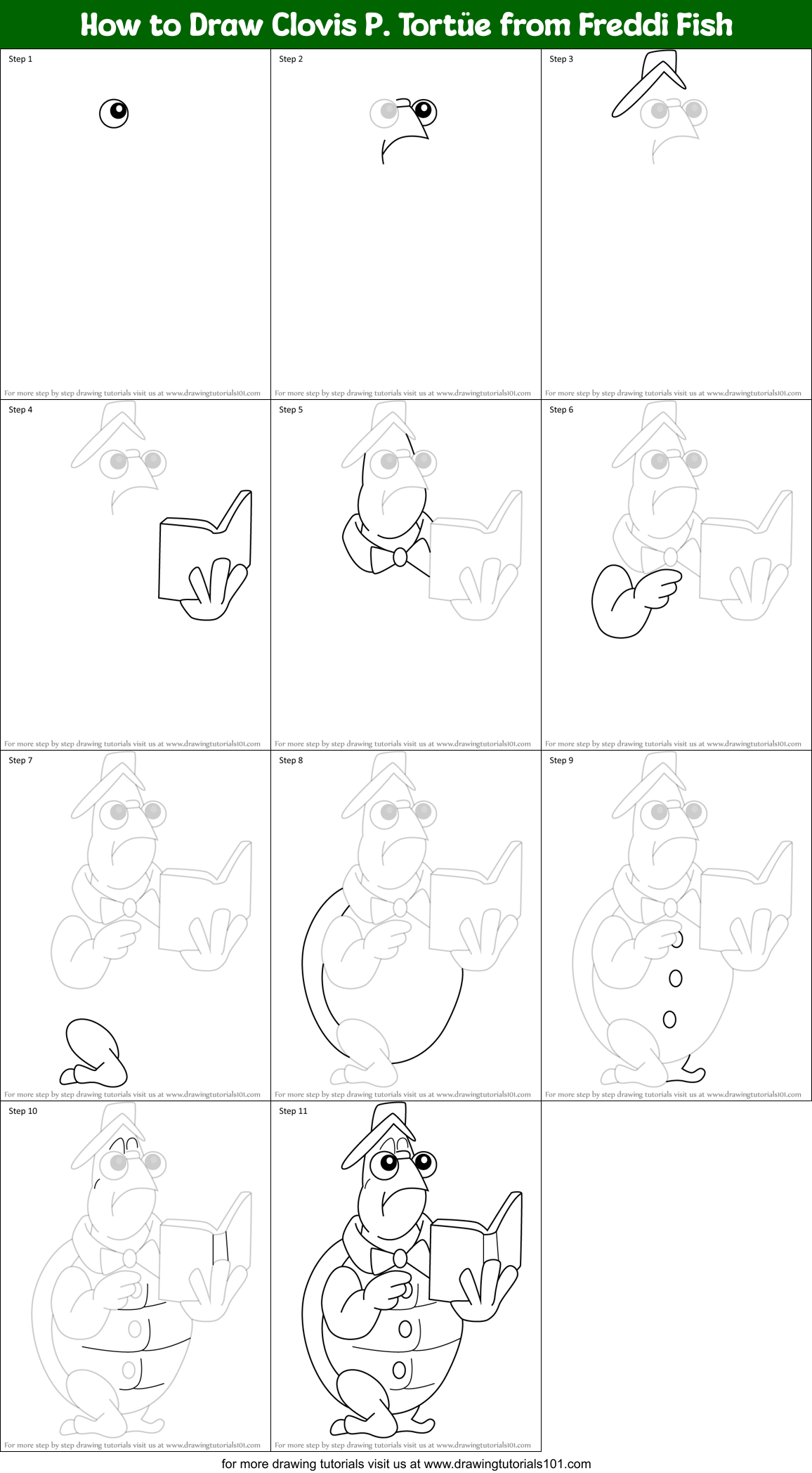 How to Draw Clovis P. Tortüe from Freddi Fish Printable Step by Step