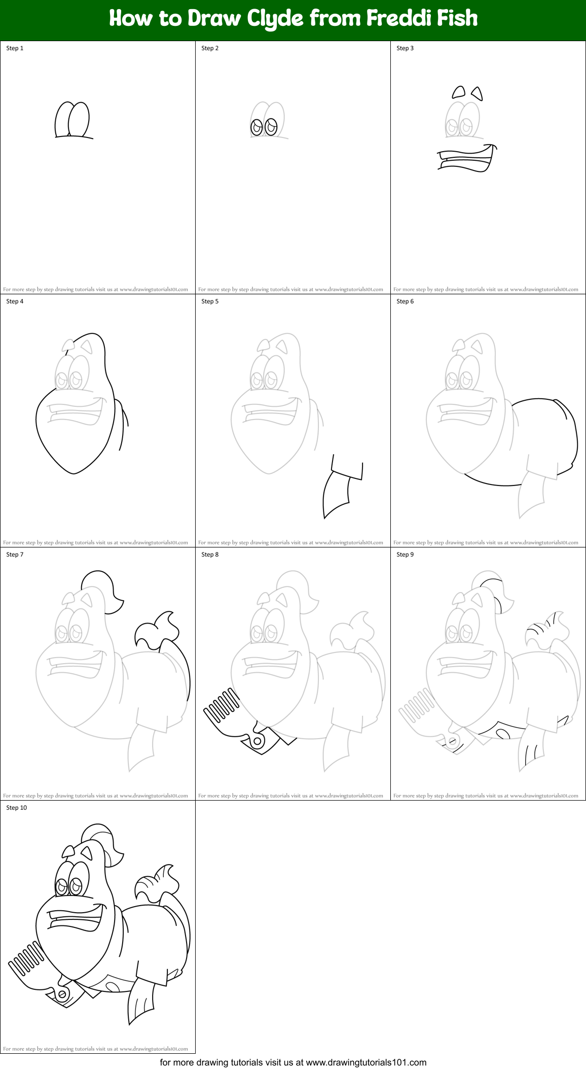 How to Draw Clyde from Freddi Fish Printable Step by Step