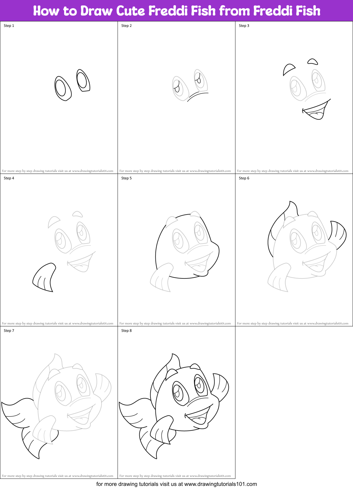 How to Draw Cute Freddi Fish from Freddi Fish Printable Step by Step