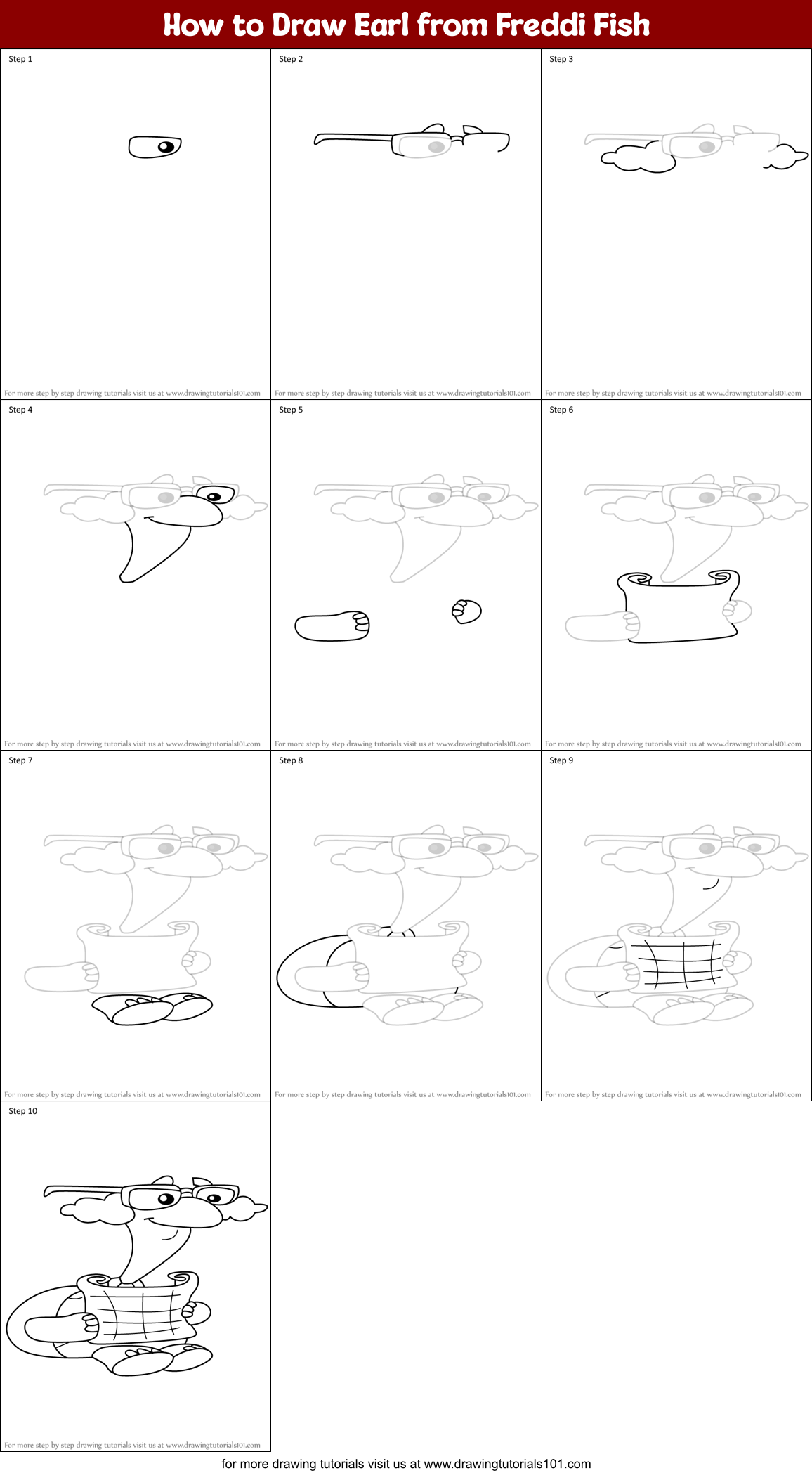 How to Draw Earl from Freddi Fish Printable Step by Step