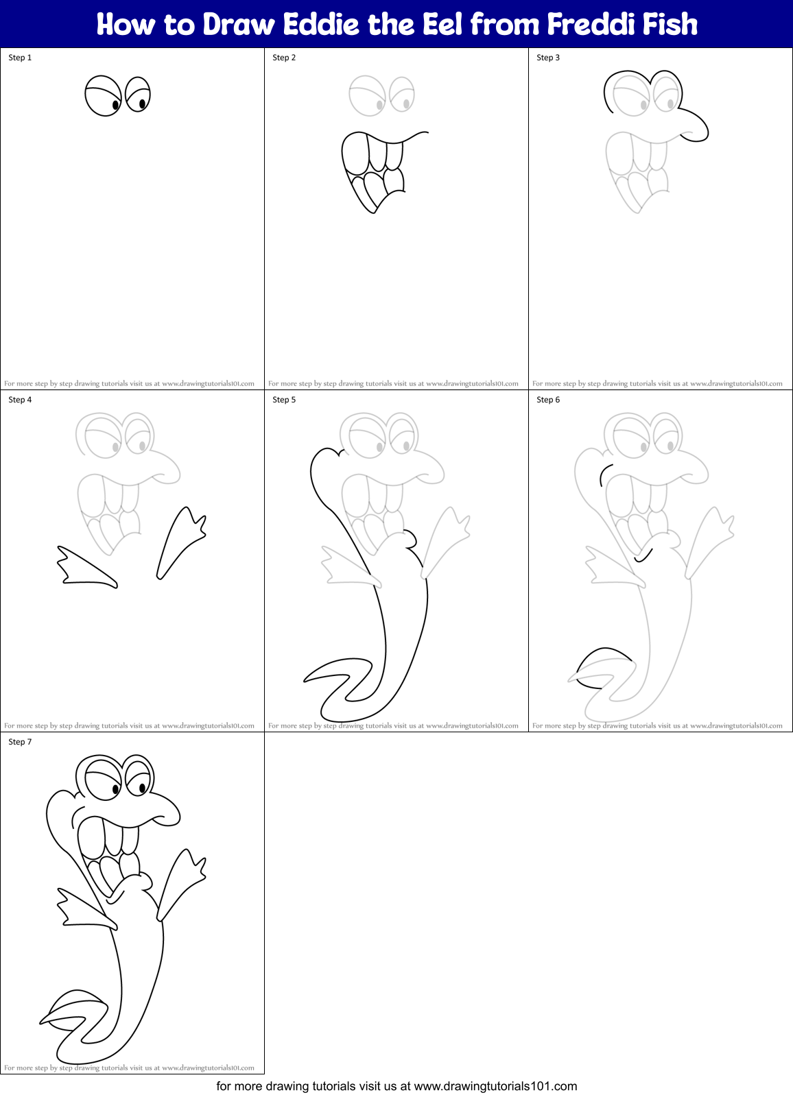 How to Draw Eddie the Eel from Freddi Fish Printable Step by Step