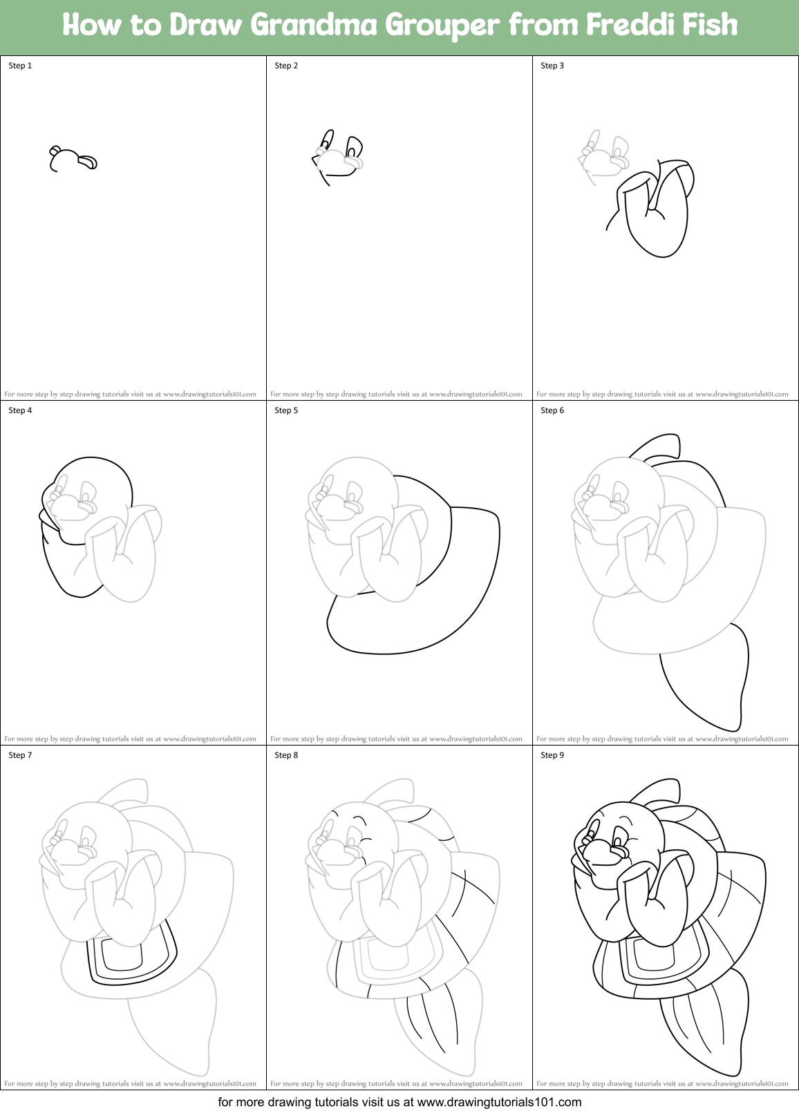 How to Draw Grandma Grouper from Freddi Fish Printable Step by Step