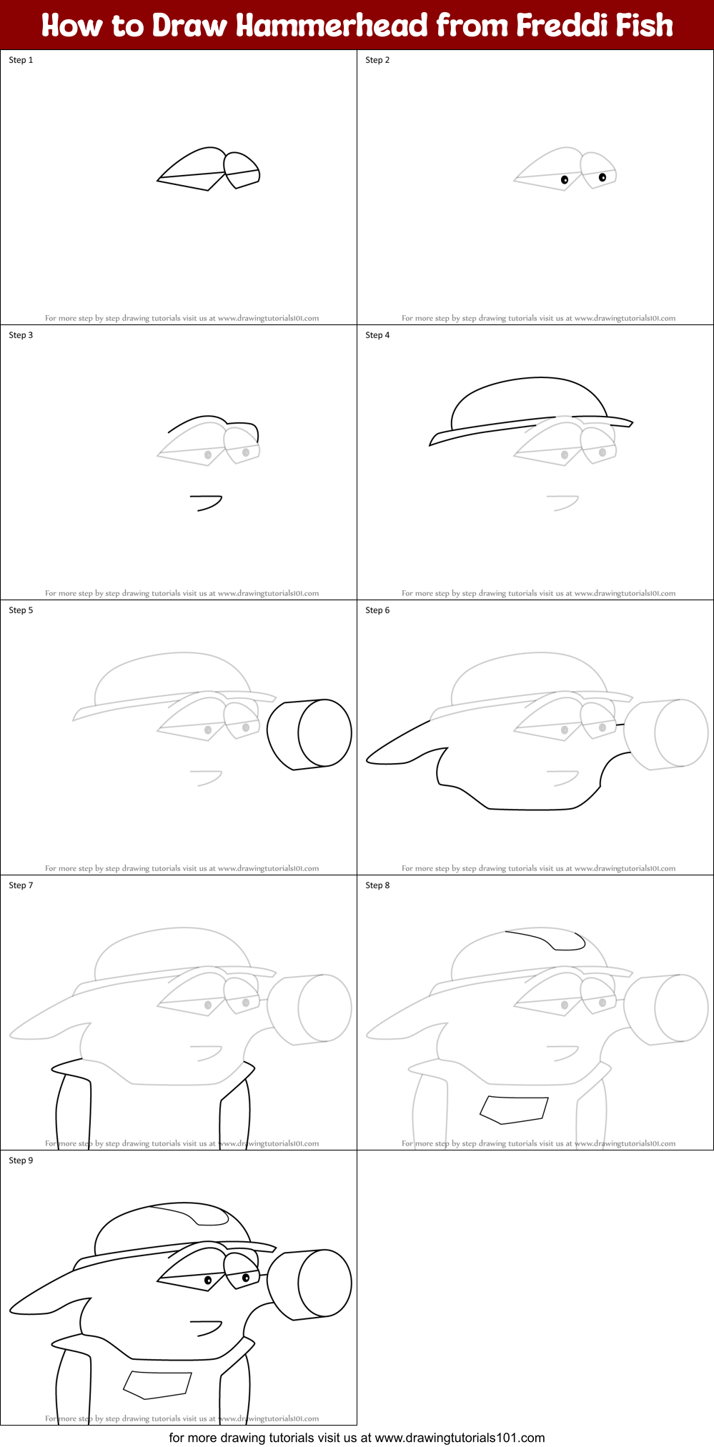 How to Draw Hammerhead from Freddi Fish Printable Step by Step