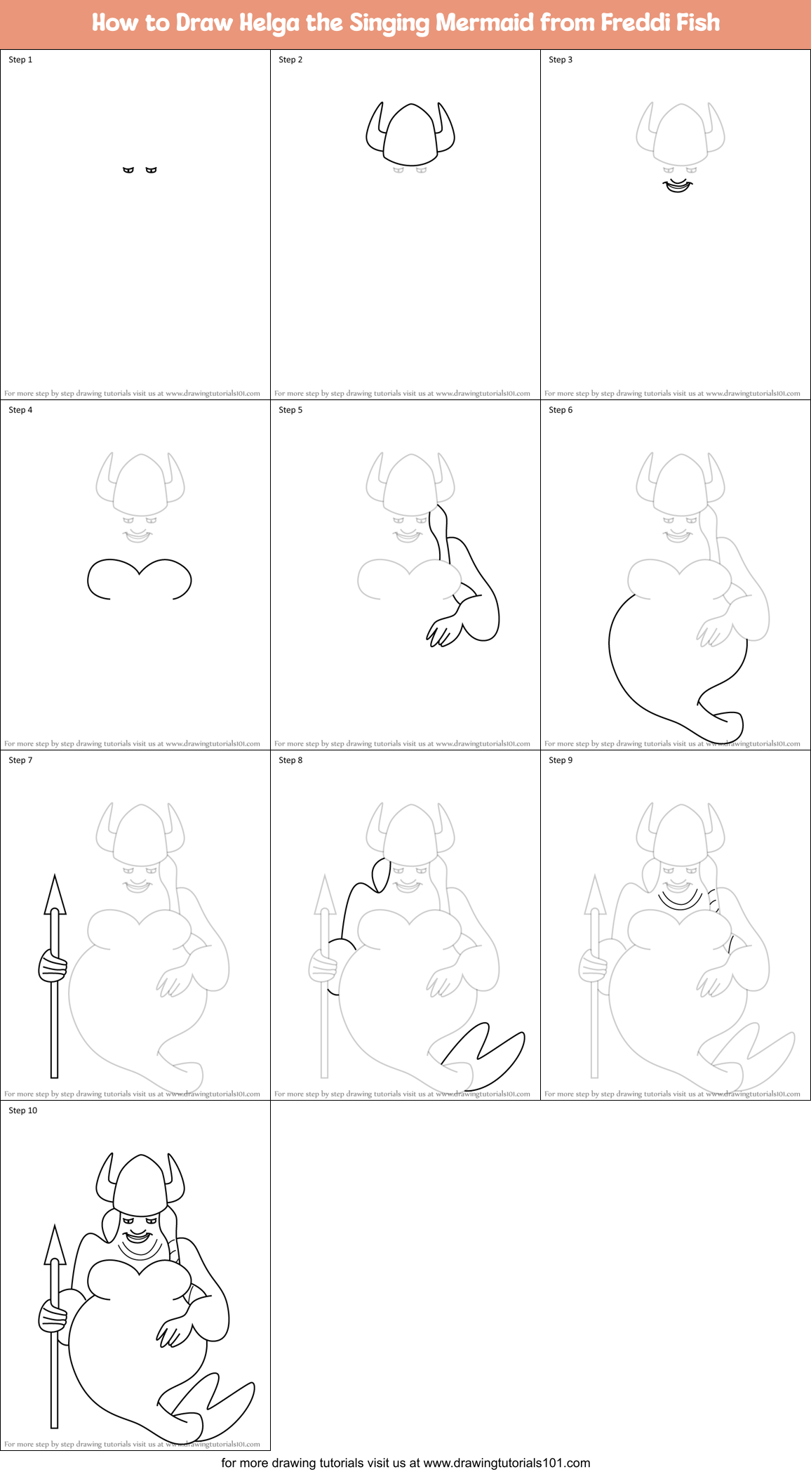 How to Draw Helga the Singing Mermaid from Freddi Fish Printable Step by Step