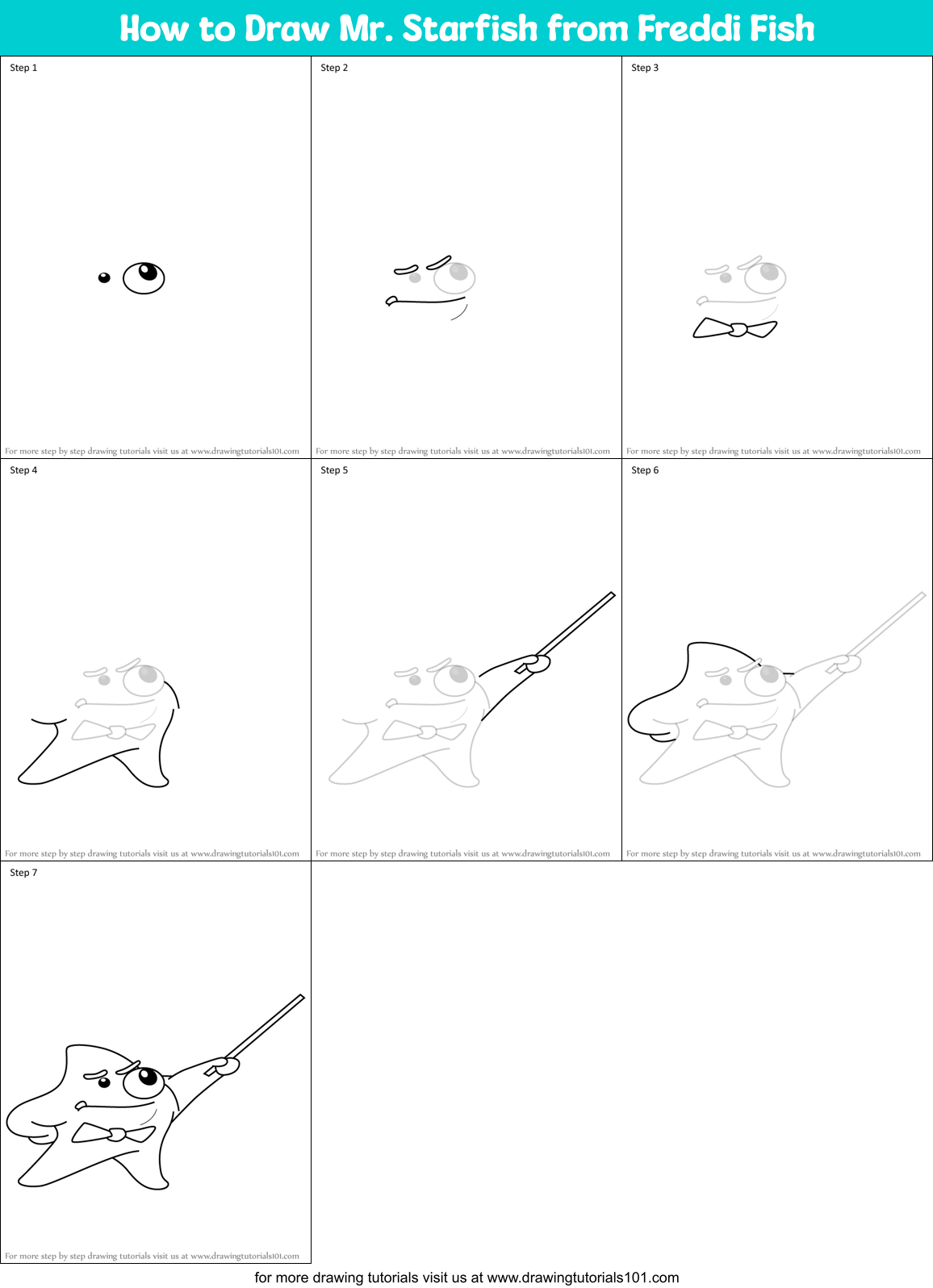 How to Draw Mr. Starfish from Freddi Fish Printable Step by Step