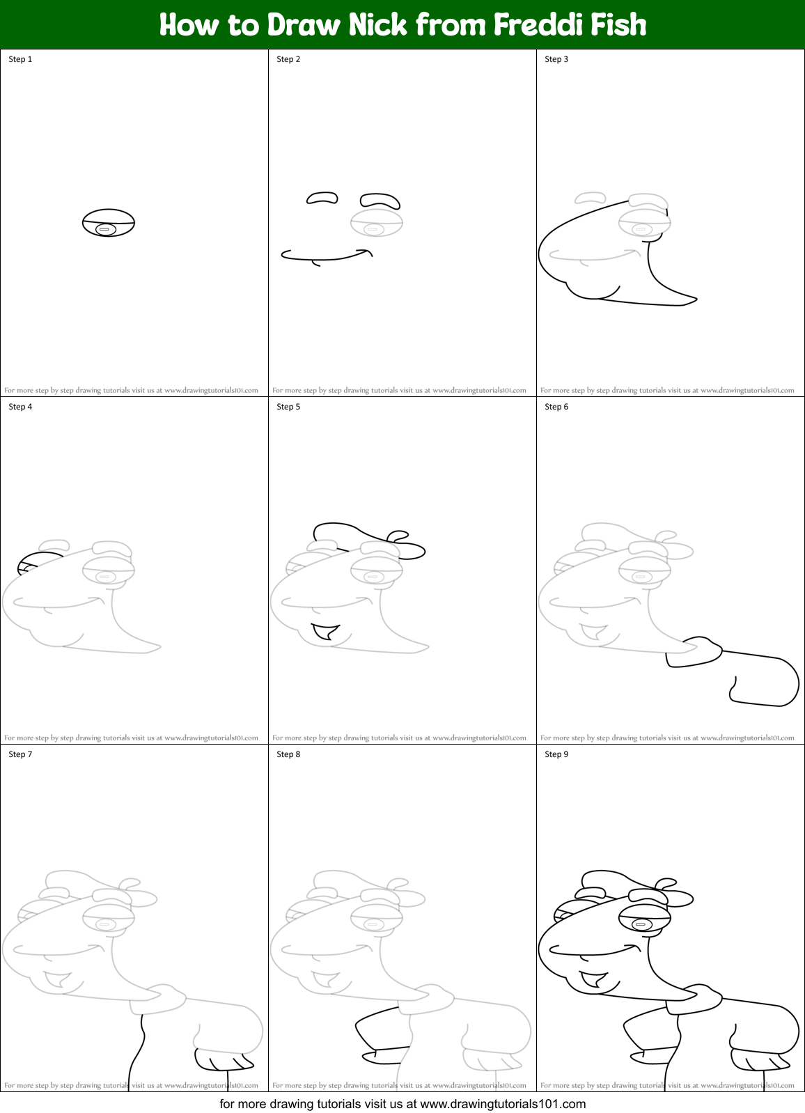How to Draw Nick from Freddi Fish Printable Step by Step