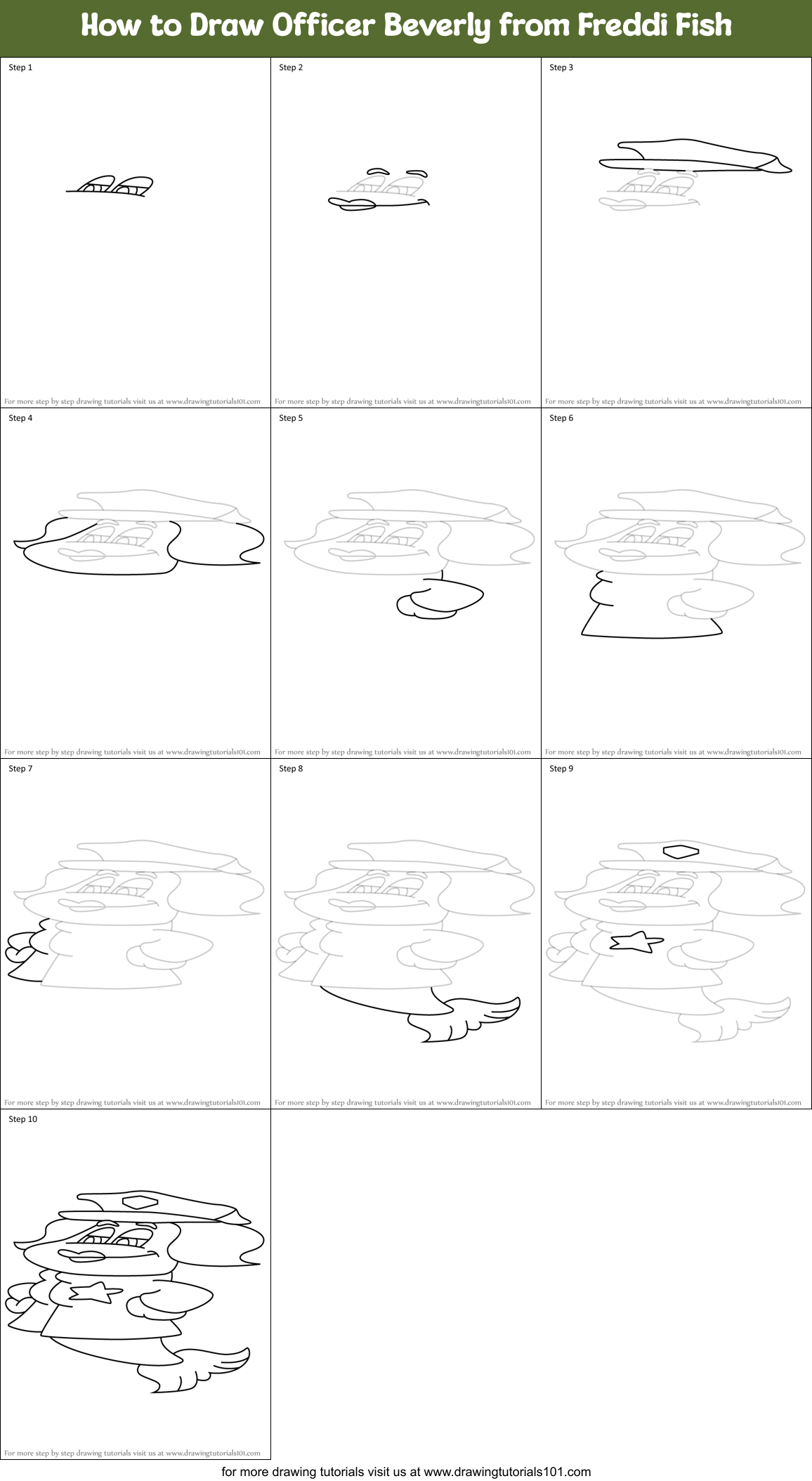How to Draw Officer Beverly from Freddi Fish Printable Step by Step
