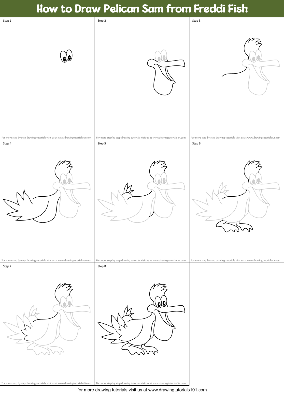 How to Draw Pelican Sam from Freddi Fish Printable Step by Step