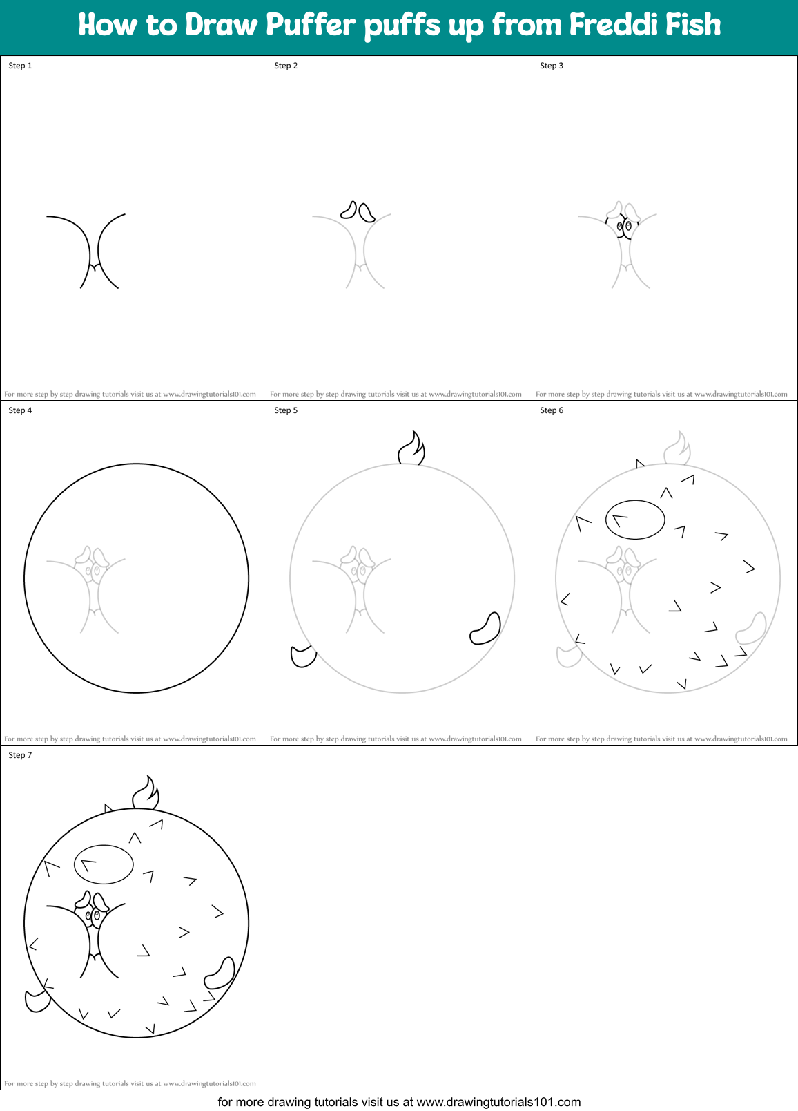 How to Draw Puffer puffs up from Freddi Fish Printable Step by Step