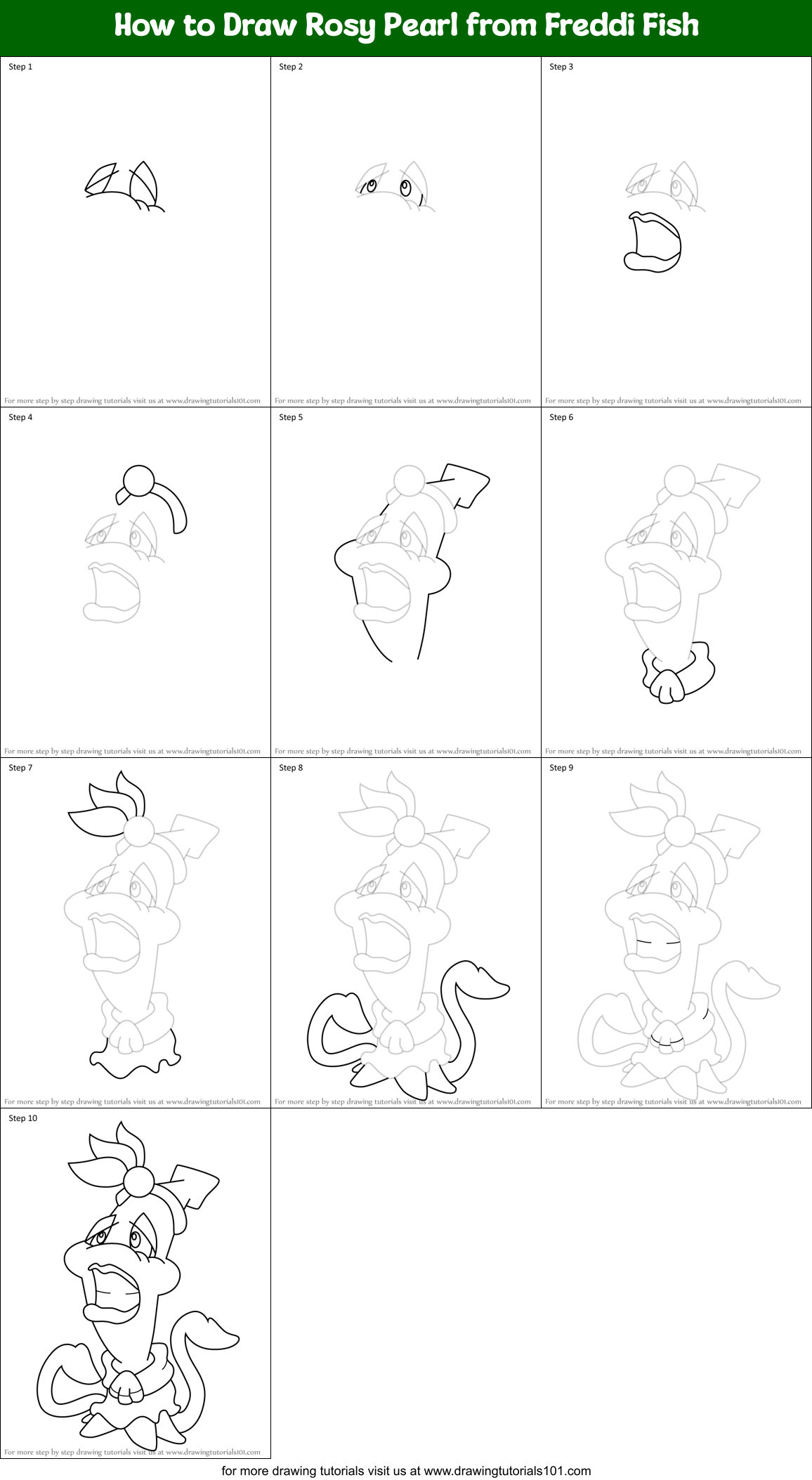 How to Draw Rosy Pearl from Freddi Fish Printable Step by Step