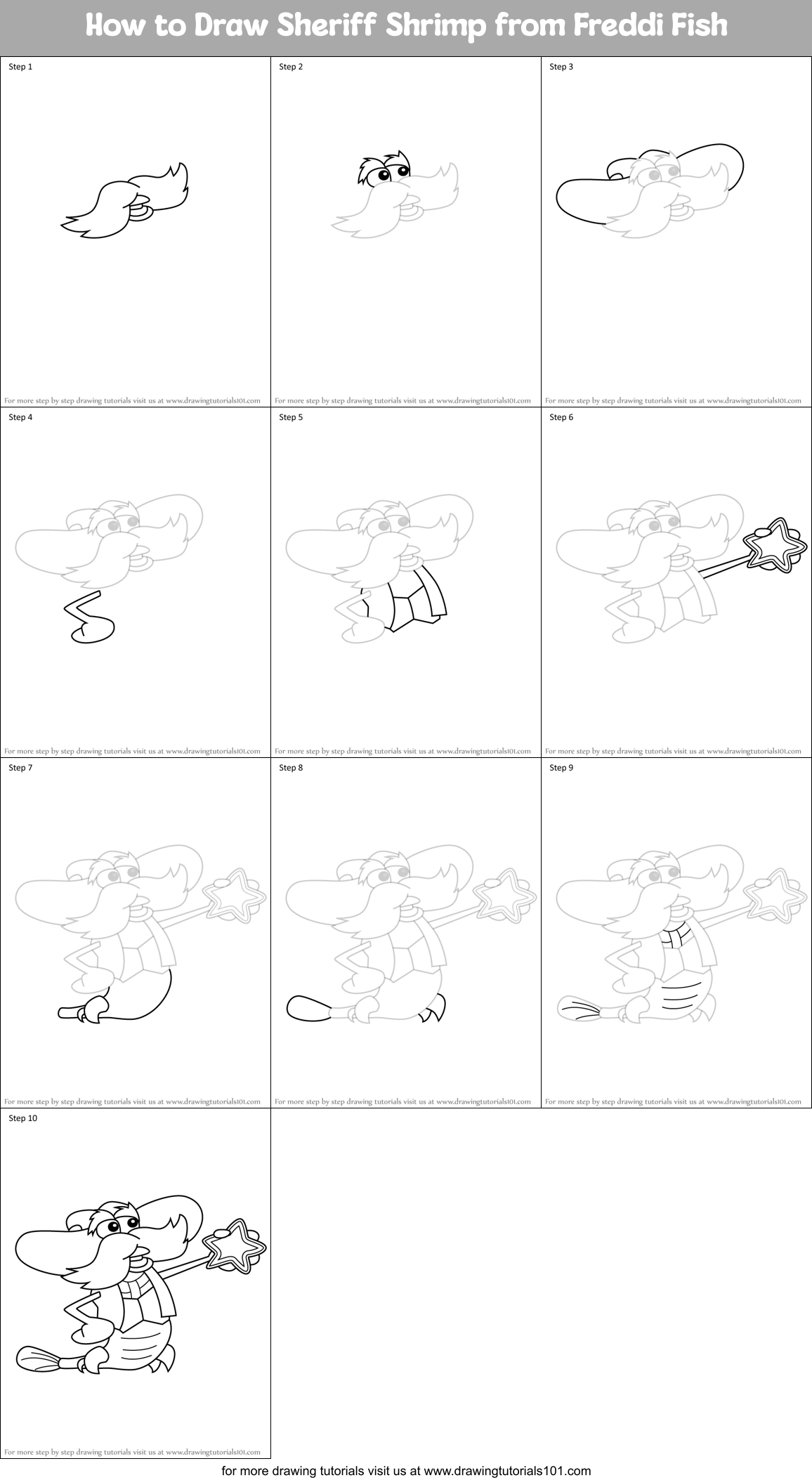 How to Draw Sheriff Shrimp from Freddi Fish Printable Step by Step