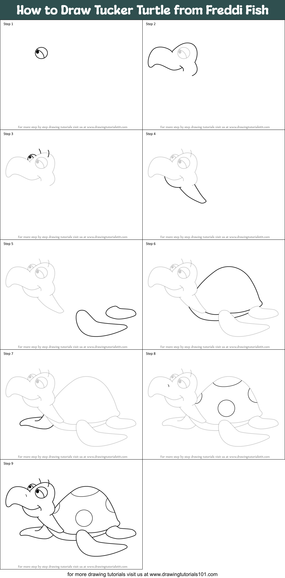How to Draw Tucker Turtle from Freddi Fish Printable Step by Step