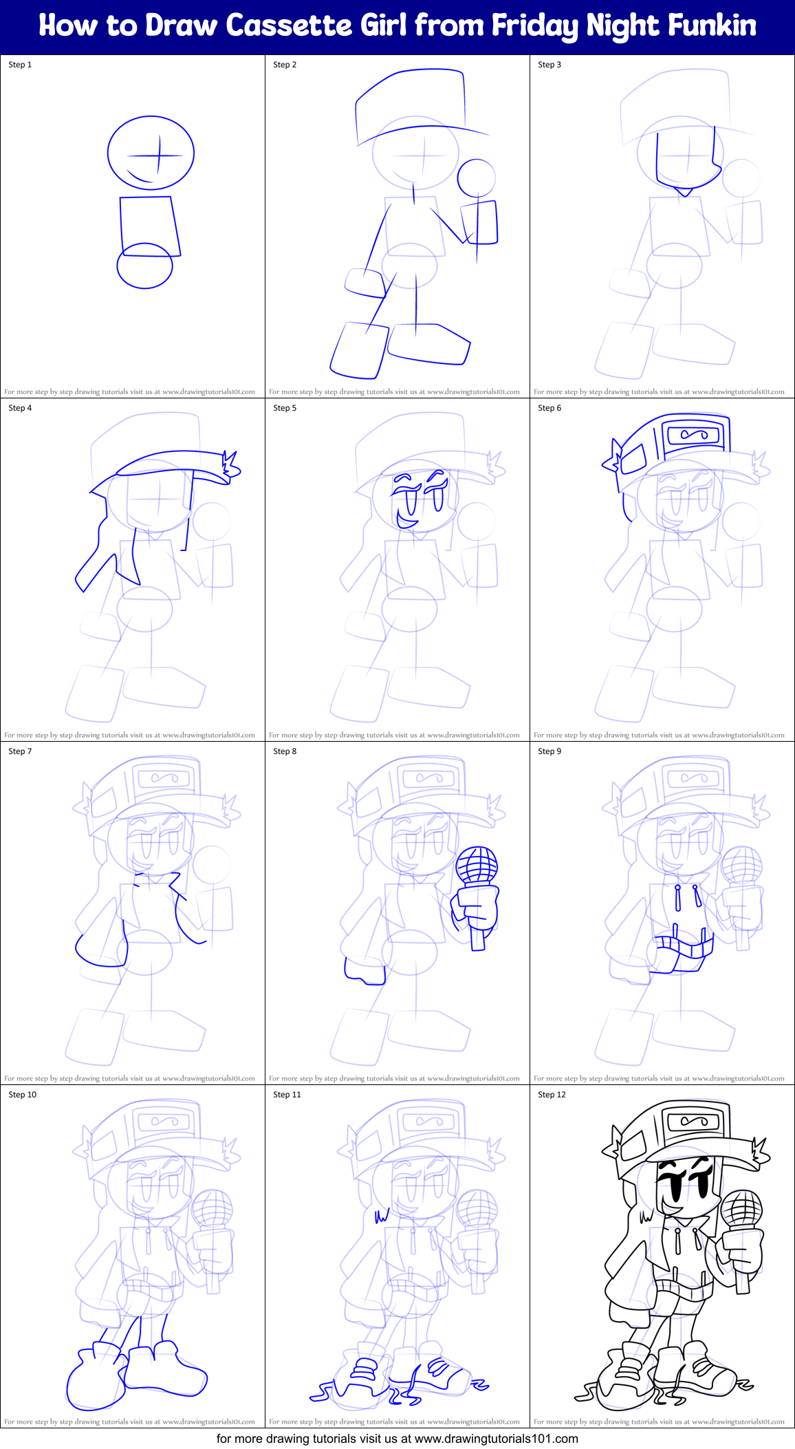 How to Draw Cassette Girl from Friday Night Funkin Printable Step by Step