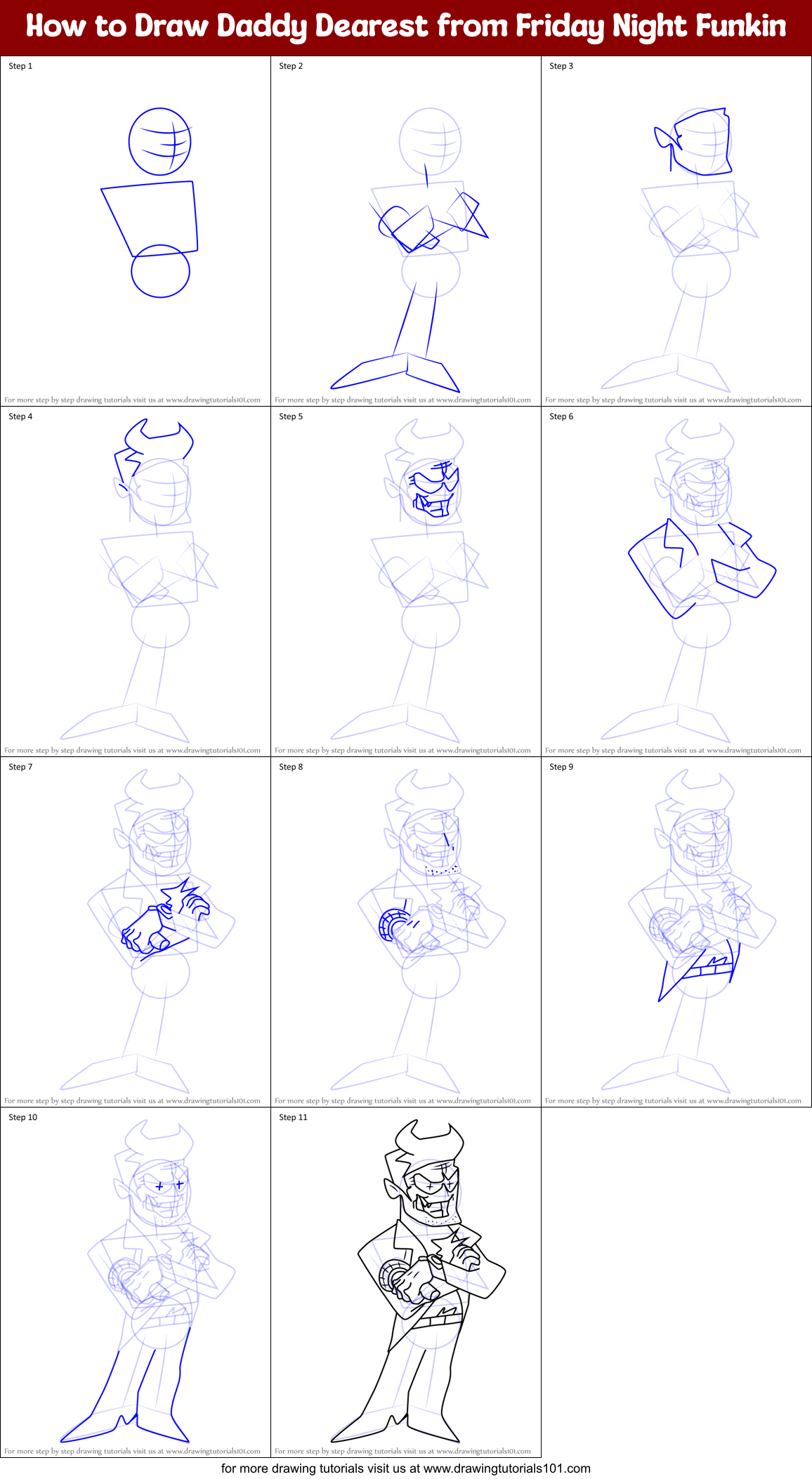 How to Draw Daddy Dearest from Friday Night Funkin Printable Step by Step