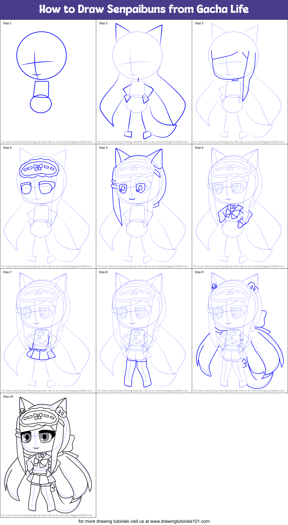 How to Draw Senpaibuns from Gacha Life Printable Step by Step