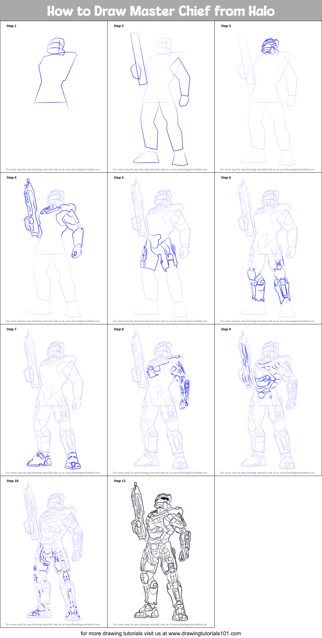 How to Draw Master Chief from Halo printable step by step drawing sheet