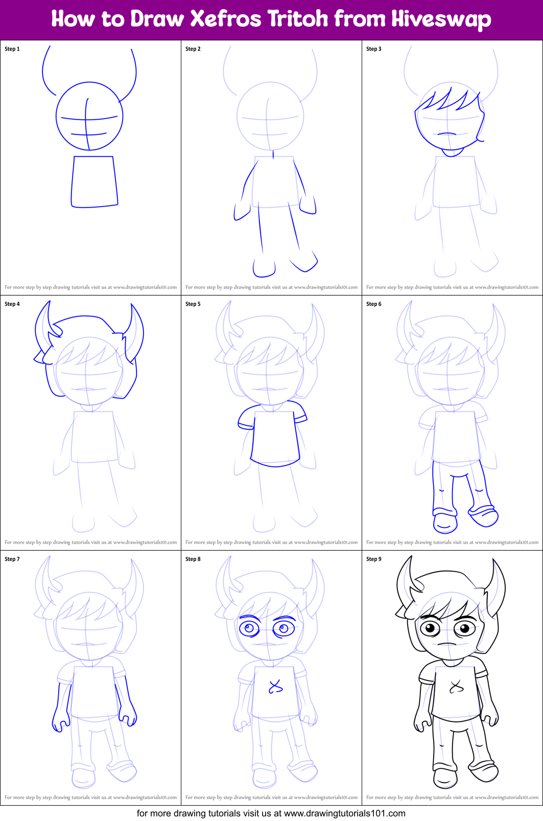 How to Draw Xefros Tritoh from Hiveswap Printable Step by Step