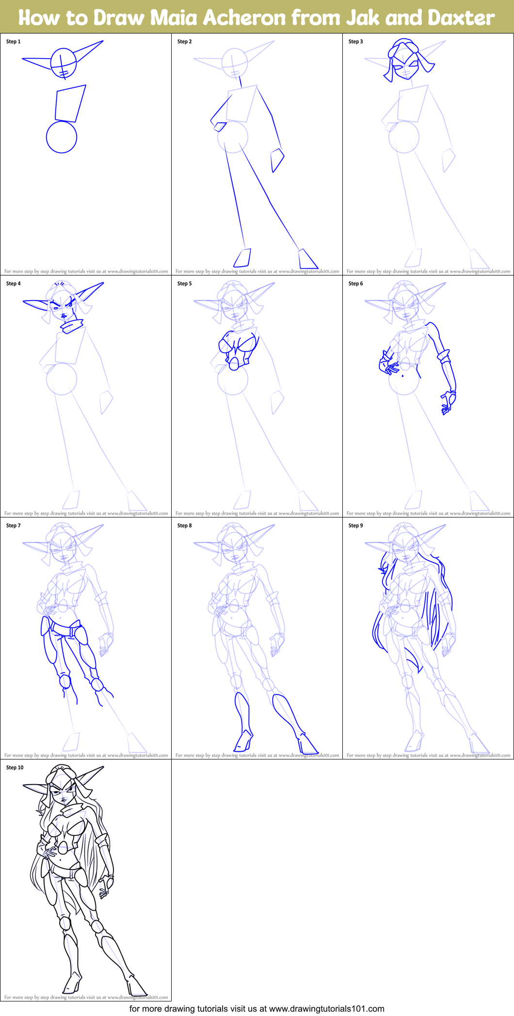 How to Draw Maia Acheron from Jak and Daxter Printable Step by Step